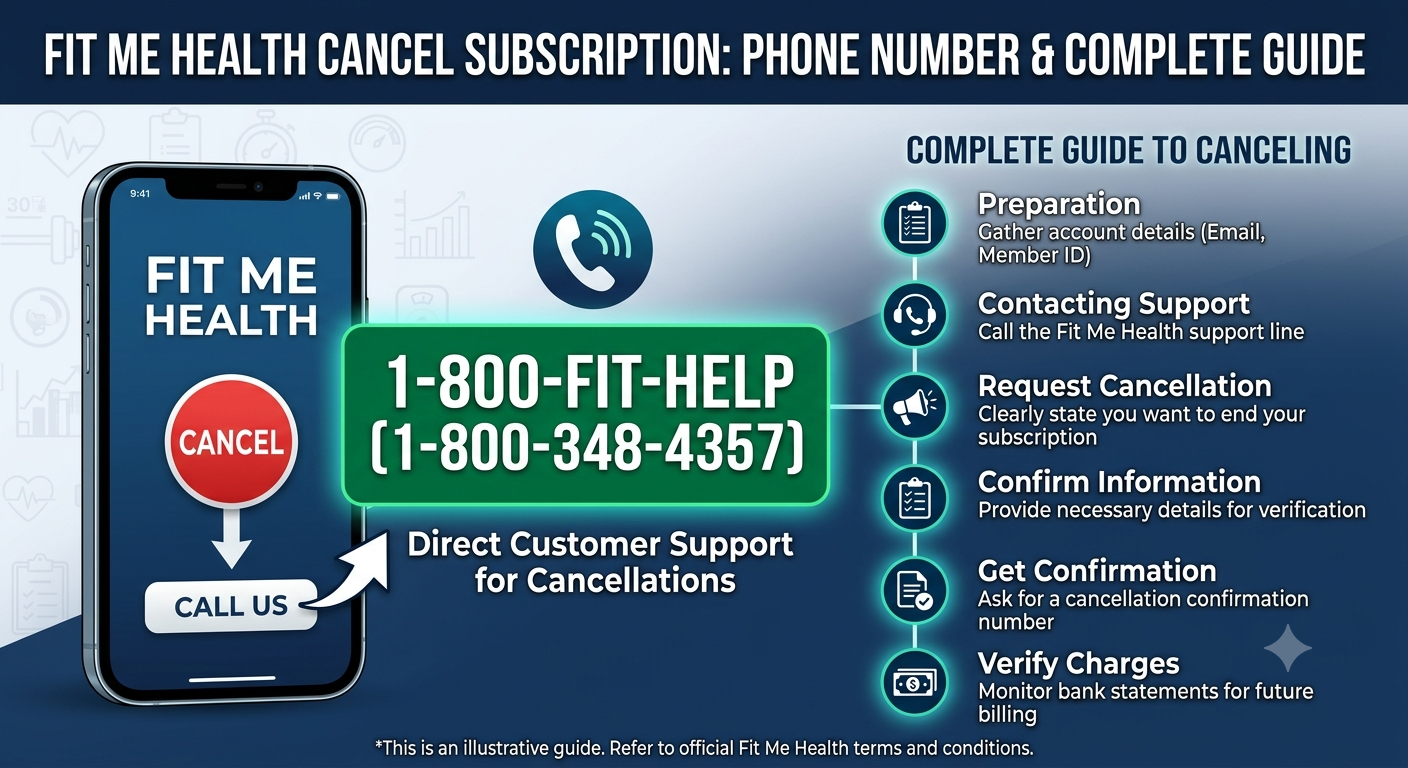Fit Me Health subscription cancellation guide showing customer support contact options, account settings, and steps to stop recurring payments.