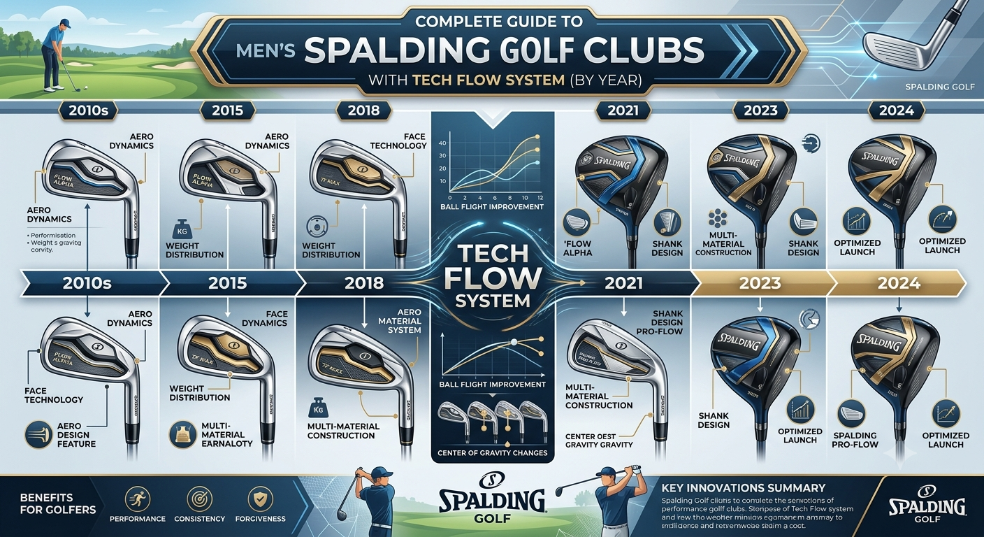 Vintage men's Spalding Tech Flow System golf clubs displayed together, showing the design and technology used in different years of production.