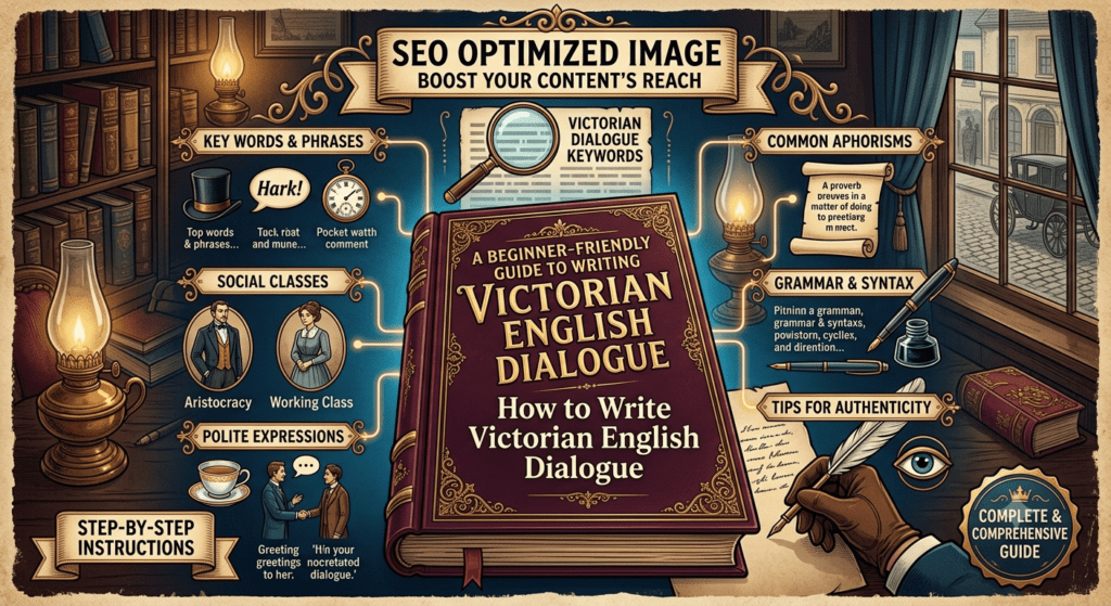 Victorian English dialogue writing guide with historical books and writing tools