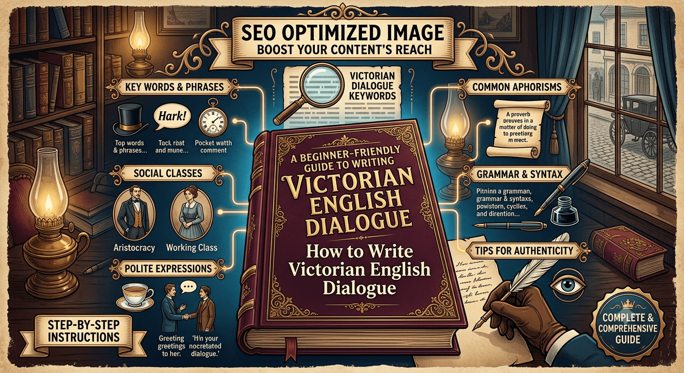 Victorian English dialogue writing guide with historical books and writing tools