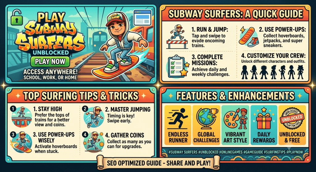 Subway Surfers Unblocked game character running on subway tracks while avoiding obstacles