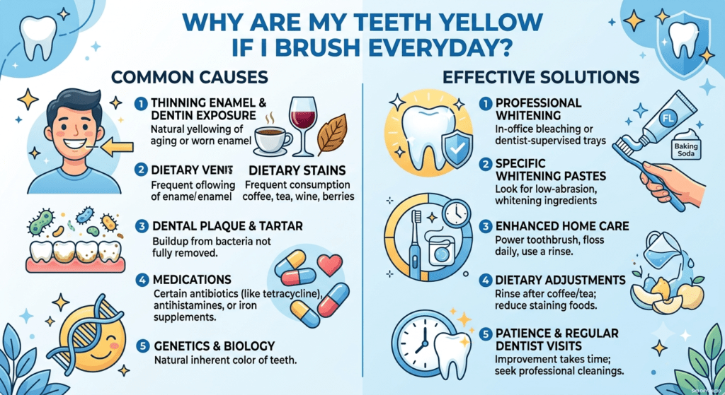Why teeth look yellow even after brushing every day due to enamel, dentin, and stains