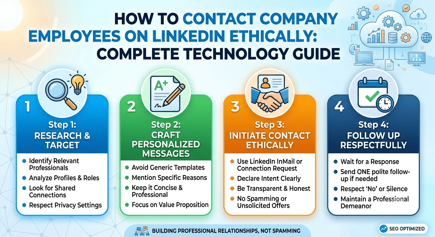 Professional using LinkedIn to contact company employees ethically through digital networking