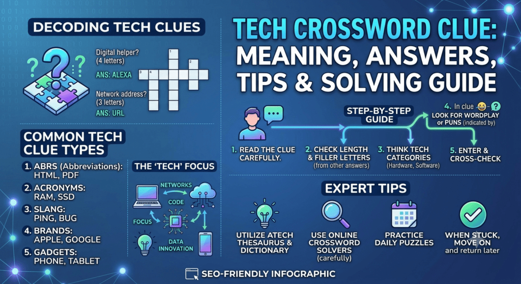 Tech crossword clue puzzle with computer terms, AI words, and digital technology concepts