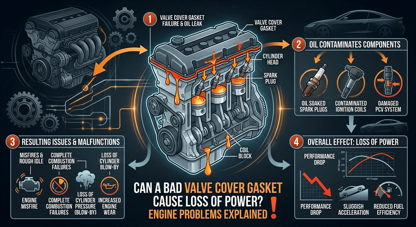 Bad valve cover gasket causing engine oil leak and vehicle power loss symptoms