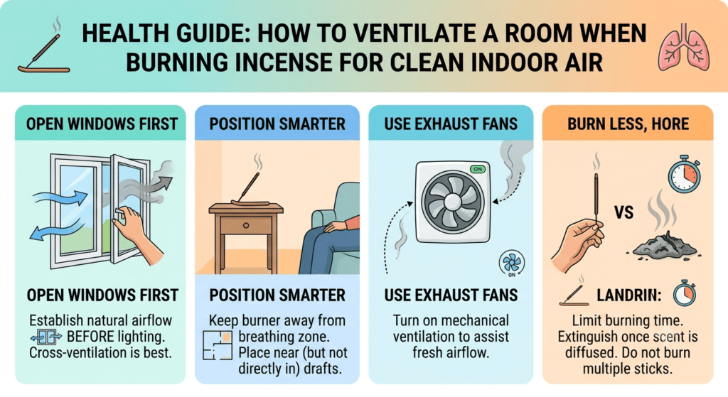 Person ventilating a room while burning incense with an open window and fresh airflow