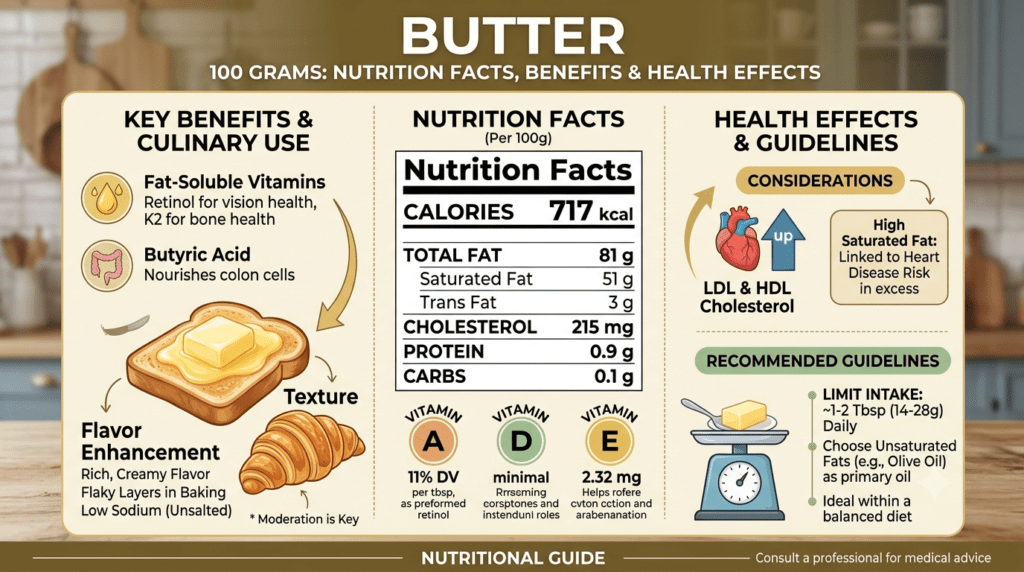 Butter 100 grams nutrition facts showing calories, fat, vitamins, and health information on a wooden table.
