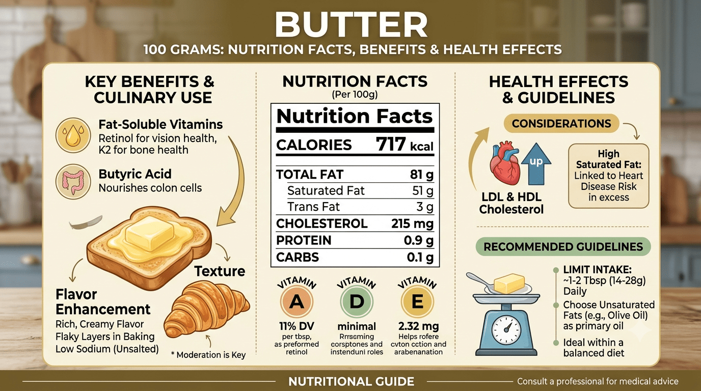 Butter 100 grams nutrition facts showing calories, fat, vitamins, and health information on a wooden table.