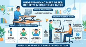 Healthy ergonomic desk setup with riser desk and monitor