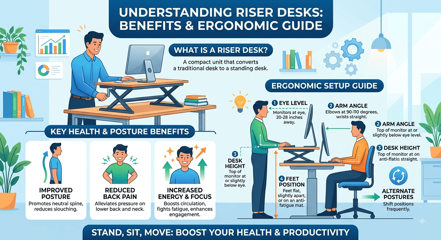 Healthy ergonomic desk setup with riser desk and monitor