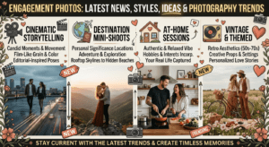 Couple enjoying a romantic engagement photo session outdoors
