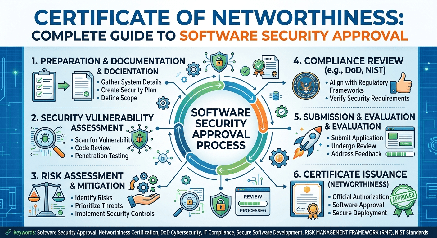 Certificate of Networthiness software security approval process with network protection and IT review